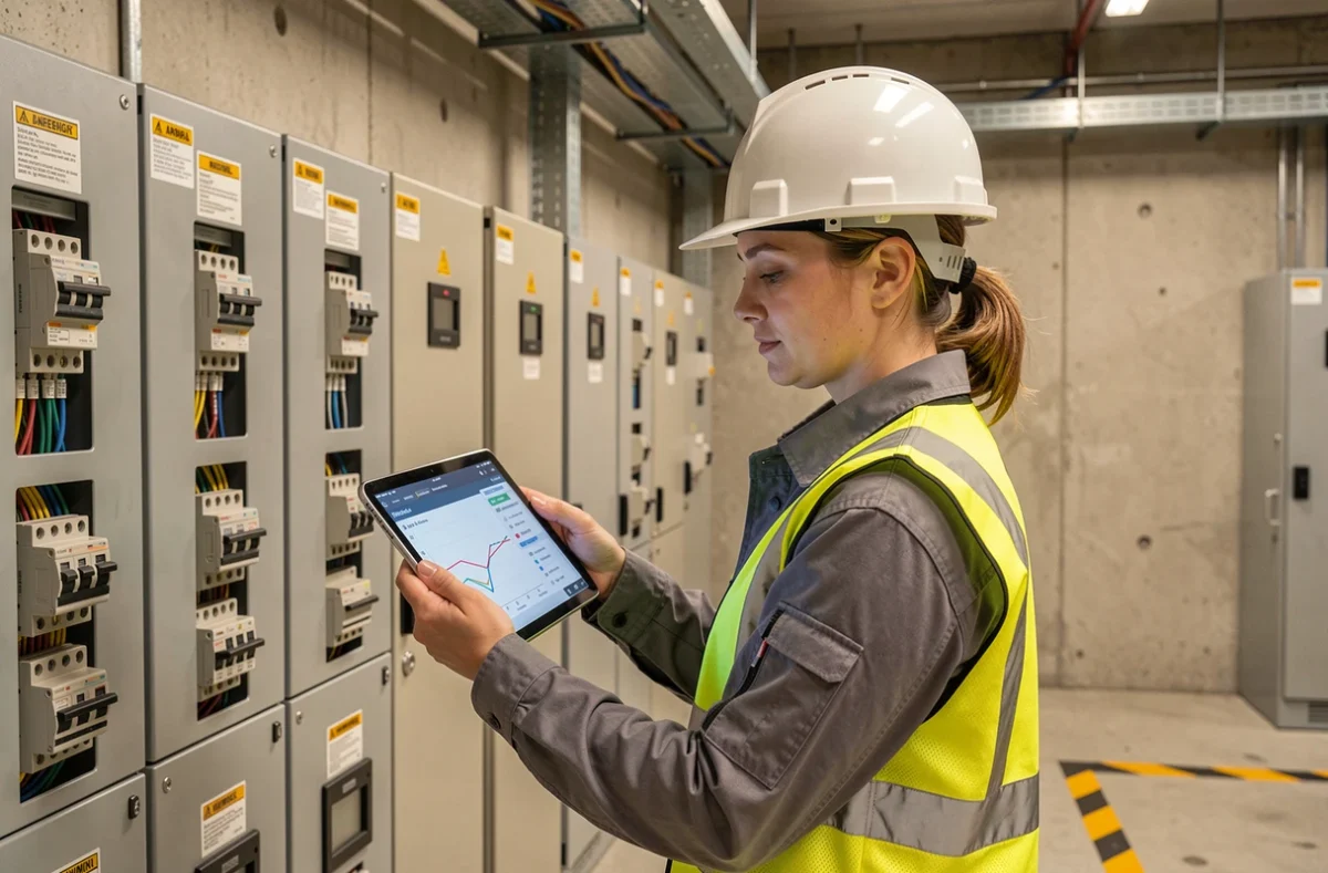Ingénieure en génie électrique analysant des données de flux de puissance dans une salle d'appareillage industrielle pour prévenir les échanges non planifiés