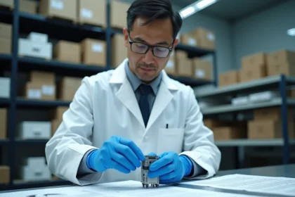 Inspecteur qualité examinant un produit électronique avec une fiche de certification CE Mark dans un laboratoire industriel en Chine