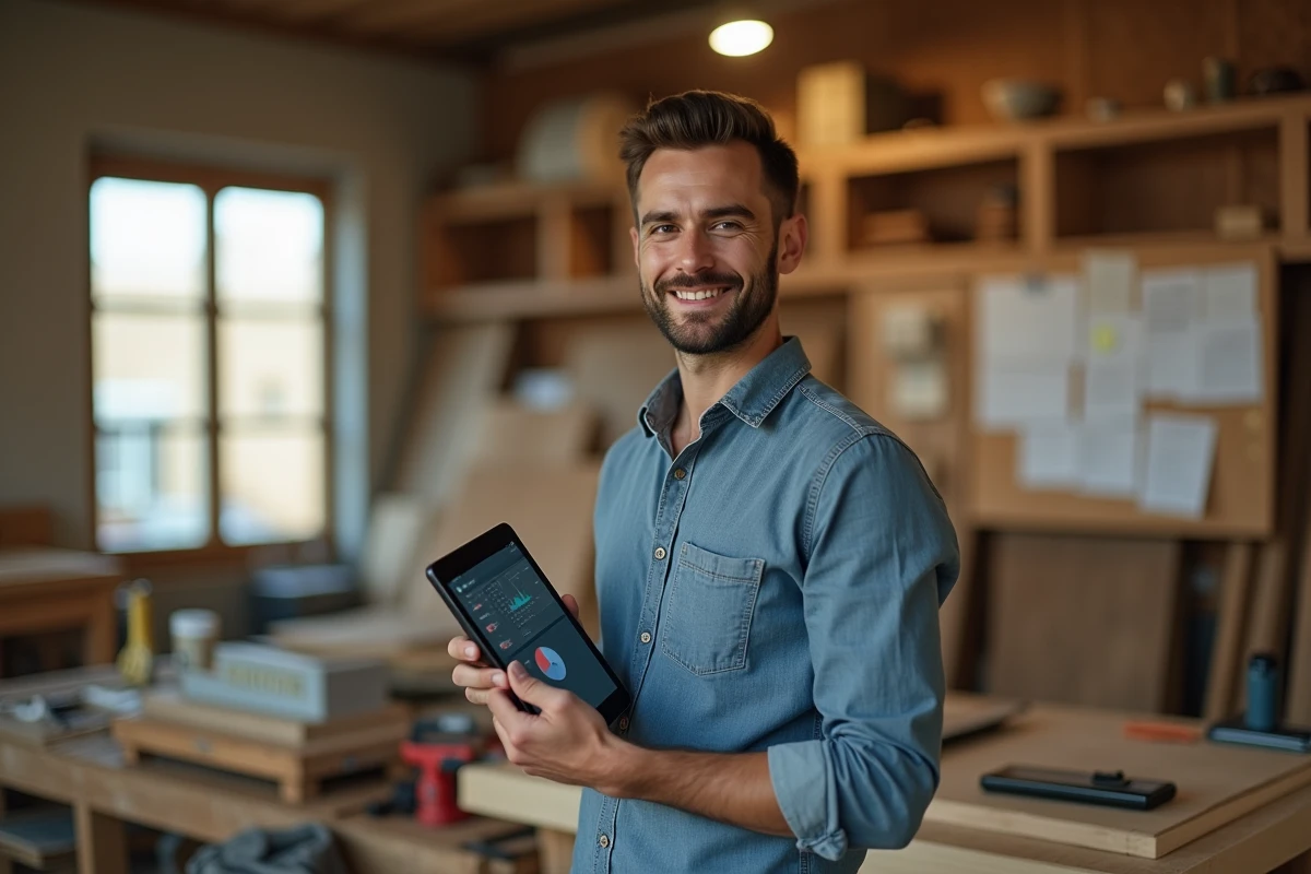 Jeune entrepreneur dans son atelier avec tablette