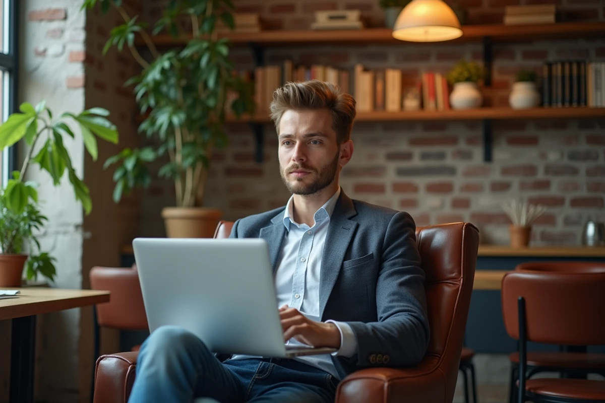 Jeune entrepreneur seul dans un café créatif et accueillant