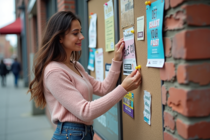 Jeune femme accrochant une affiche colorée dans la ville