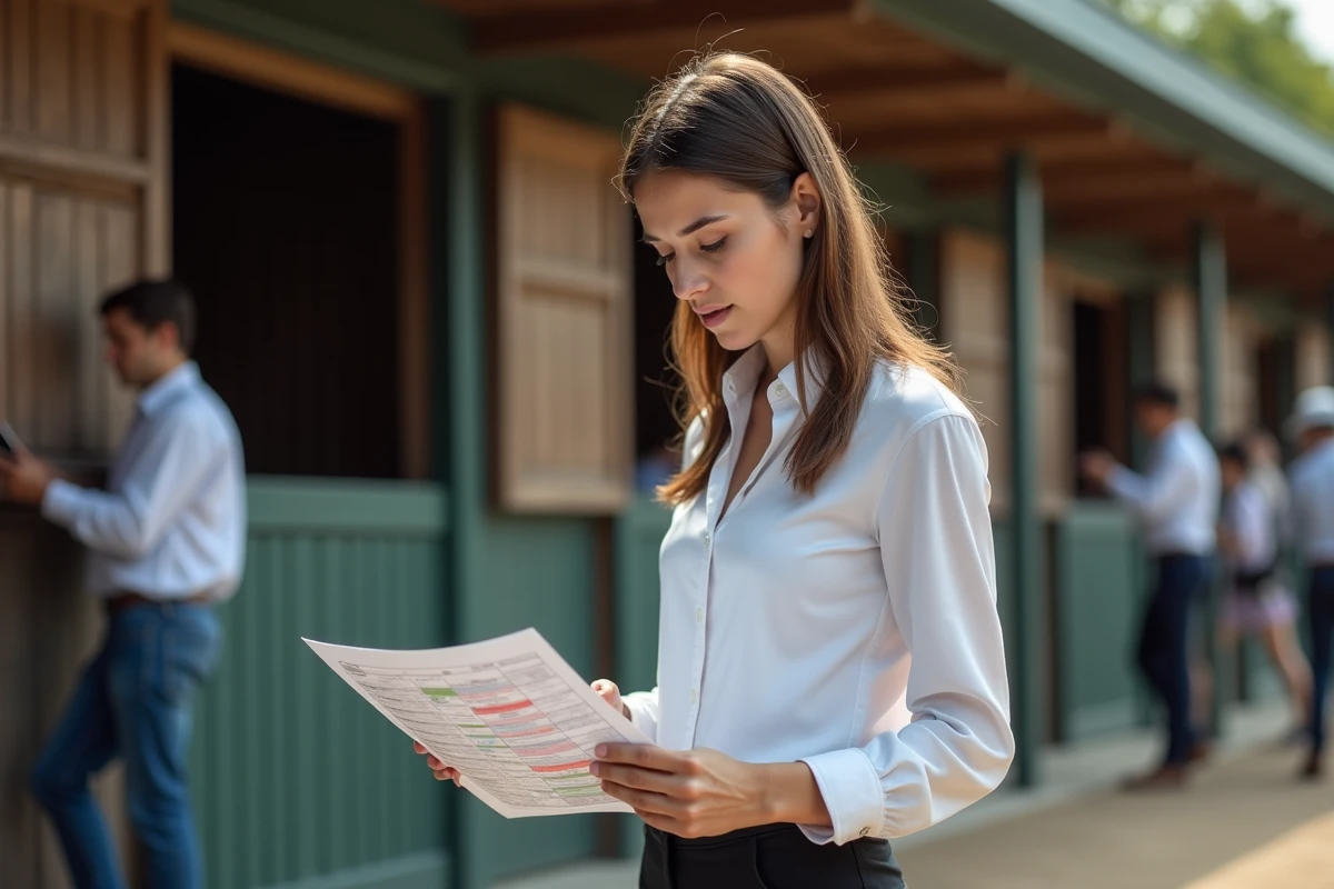 Jeune femme professionnelle examinant des graphiques de courses hippiques devant un boxe de trotters