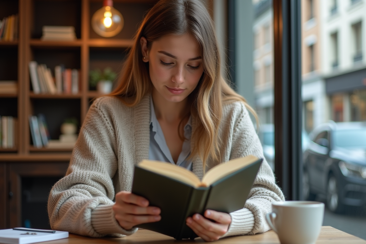 Jeune femme lisant un livre scientifique au café