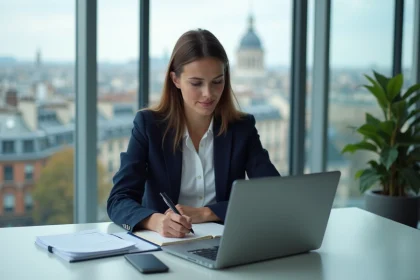 Jeune femme en bureau &agrave; Paris avec ordinateur et notes