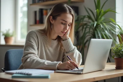 Jeune femme &eacute;tudiant le SEO sur son ordinateur portable dans un int&eacute;rieur moderne