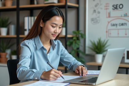 Jeune femme concentrée travaillant sur un budget SEO dans un bureau moderne
