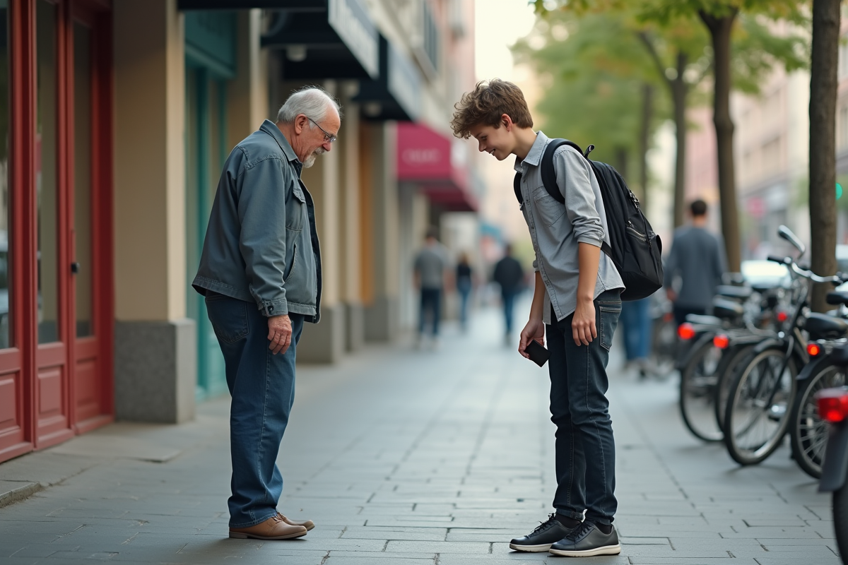 Jeune garçon ramassant un portefeuille dans la rue