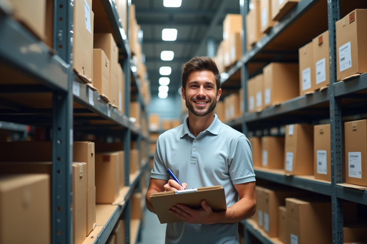 Jeune homme organisant des colis dans un stock d entreprise