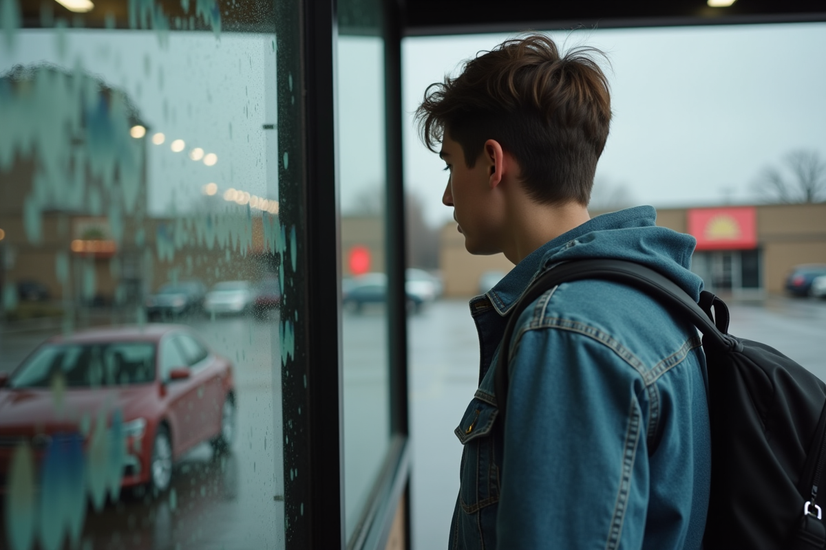 Jeune homme regardant à travers une vitre de magasin fermé