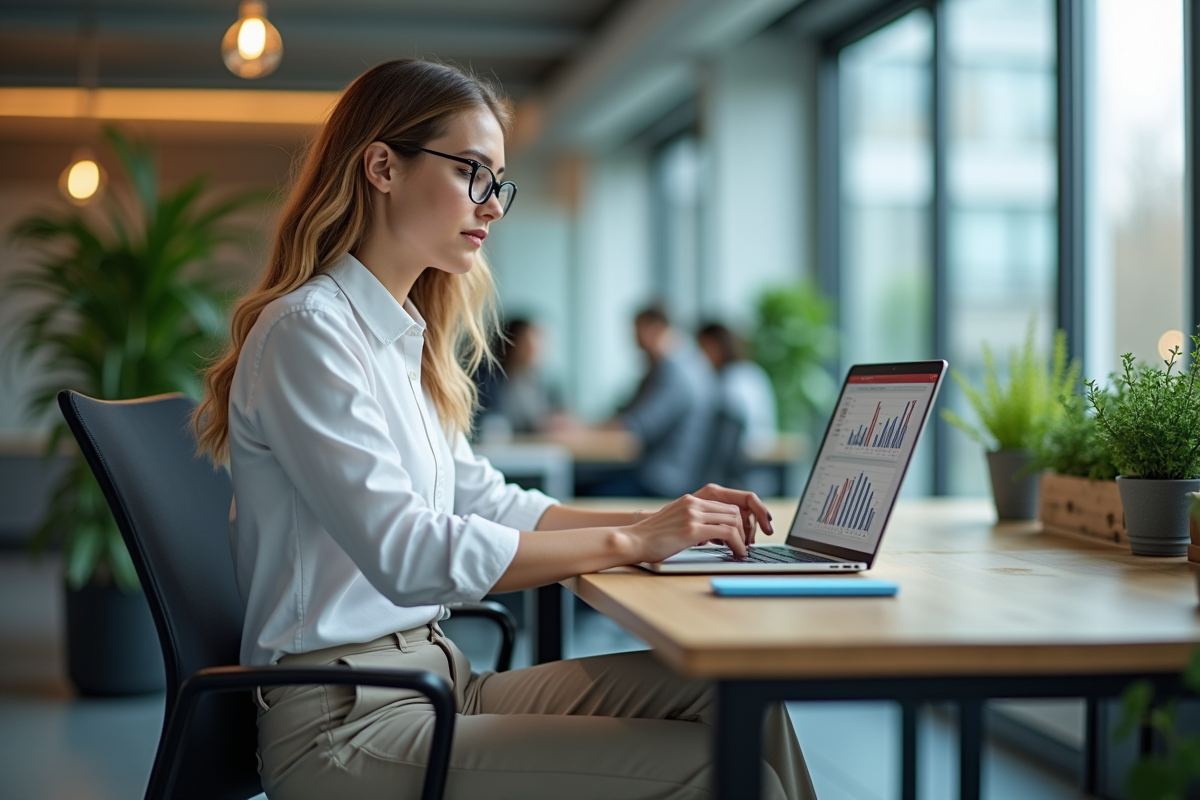 Jeune femme marketing analysant graphiques au bureau