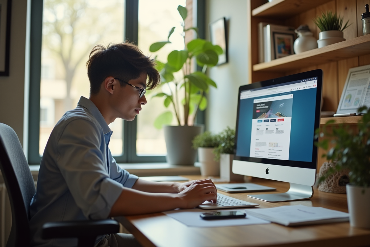 Jeune professionnel utilisant un ordinateur dans un bureau lumineux