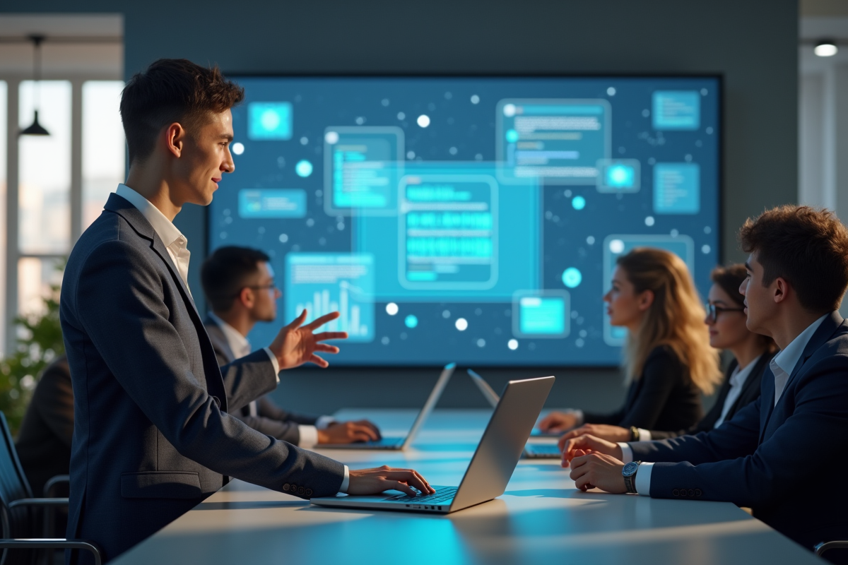 Jeune professionnel présentant un logiciel innovant en réunion