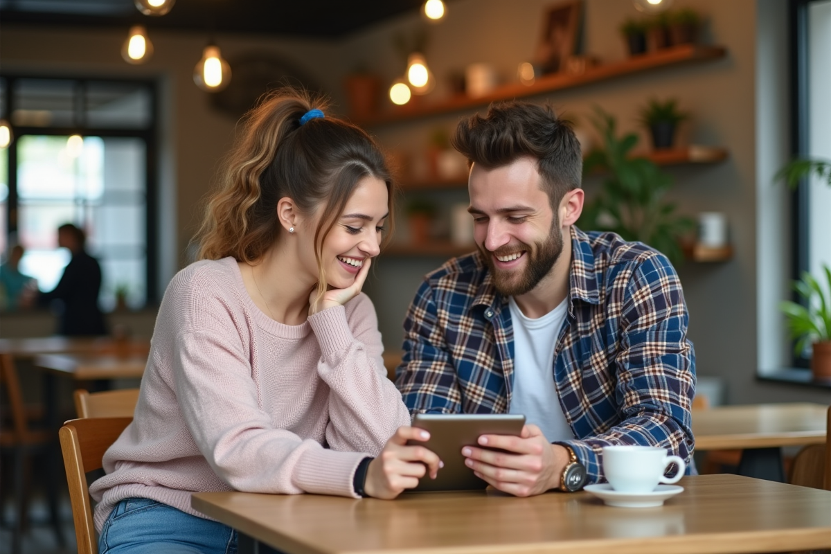 Jeune femme et homme riant avec une tablette dans un café