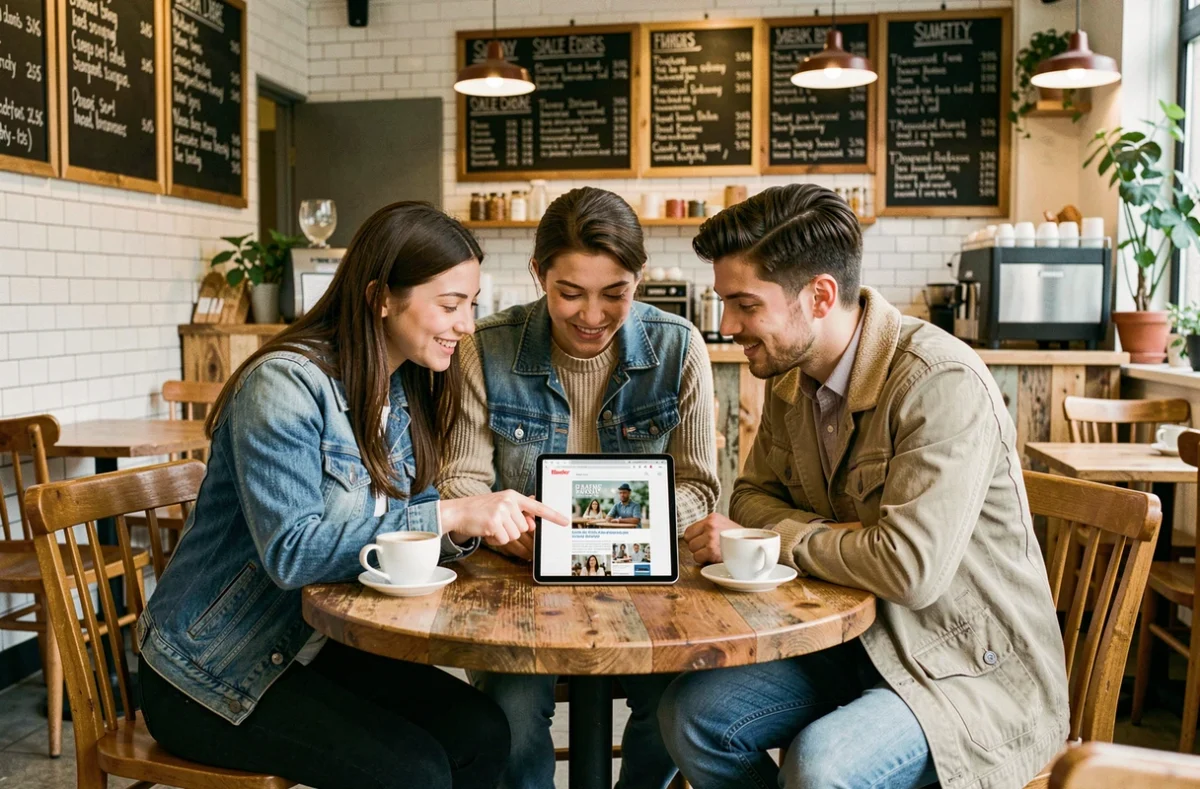 Groupe de jeunes créateurs de startups consultant ensemble un article de magazine en ligne dans un café