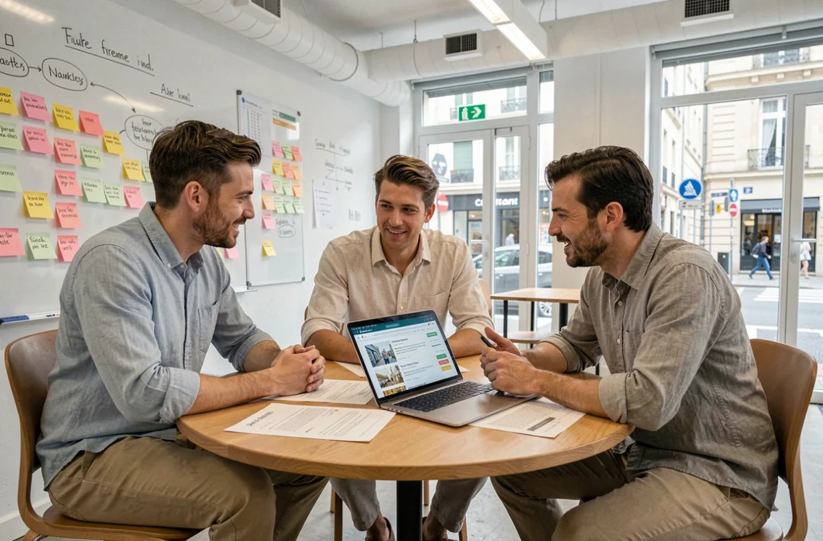 Trio de jeunes entrepreneurs français collaborant autour d'un annuaire d'entreprises françaises en ligne dans un incubateur de startups