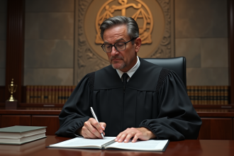 Juge en robe noire dans une cour moderne et sérieuse