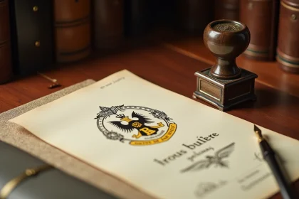 Logo officiel des notaires de France sur un document de studio notarial avec tampon et plume