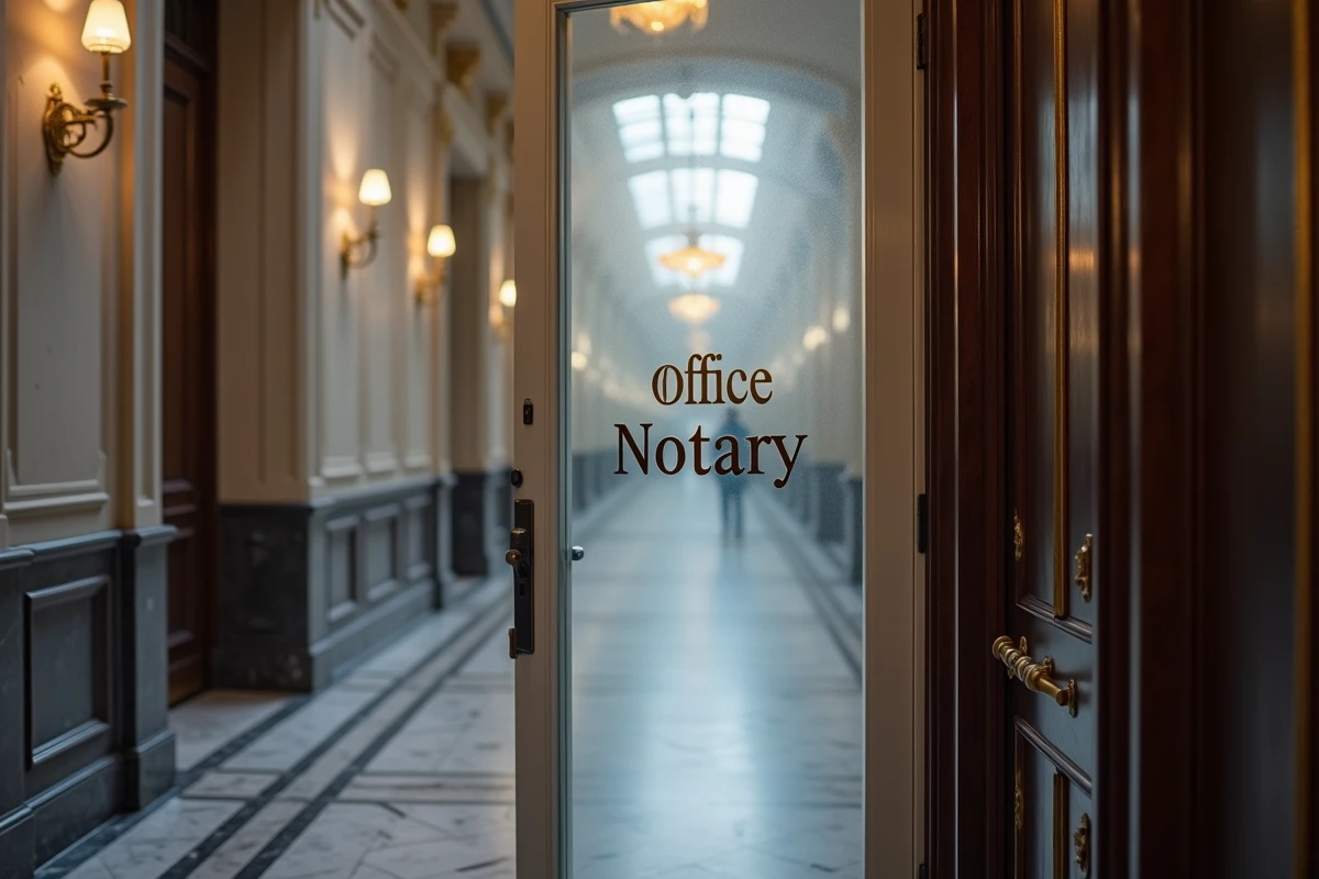 Porte d'entrée d'un cabinet notarial affichant le logo des notaires de France en lettres dorées