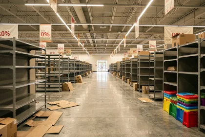 Intérieur d'un magasin discount en cours de fermeture avec des rayons vides et des cartons éparpillés sur le sol