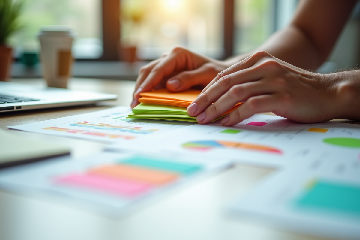 Mains empilant des notes adhésives colorées sur une table lumineuse