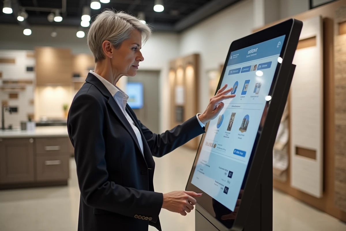 Responsable de grande surface bricolage consultant un kiosque numérique interactif pour améliorer le parcours client en magasin