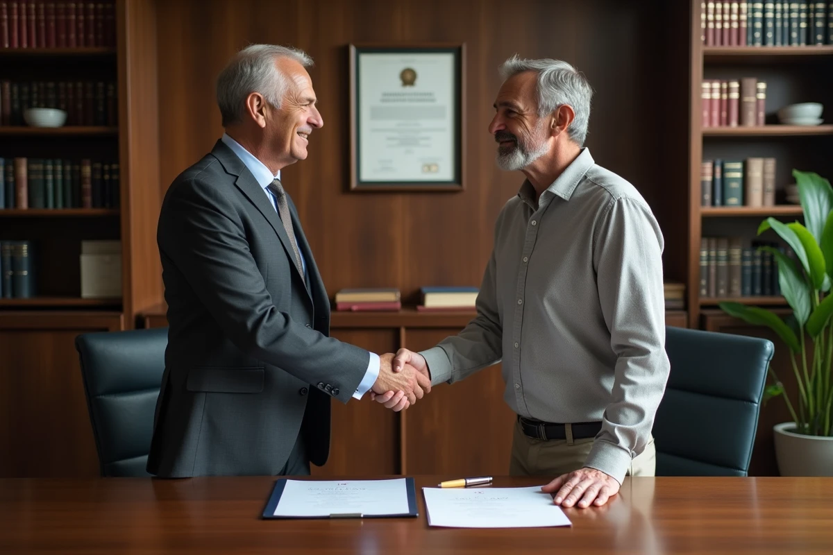 Deux dirigeants signent un accord officiel de mécénat dans un bureau juridique, symbolisant la confiance et la transparence institutionnelle