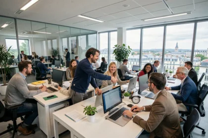 Vue d'ensemble d'une agence d'intérim moderne dans les Yvelines avec des professionnels en réunion