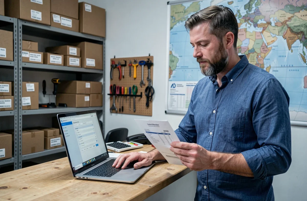 Gérant de micro-entreprise consultant un logiciel de douane sur ordinateur portable dans un bureau d'expédition