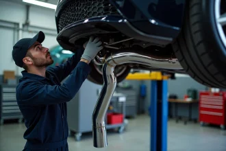Mécanicien professionnel installant un tube inox pour échappement sous un véhicule surélevé en atelier automobile
