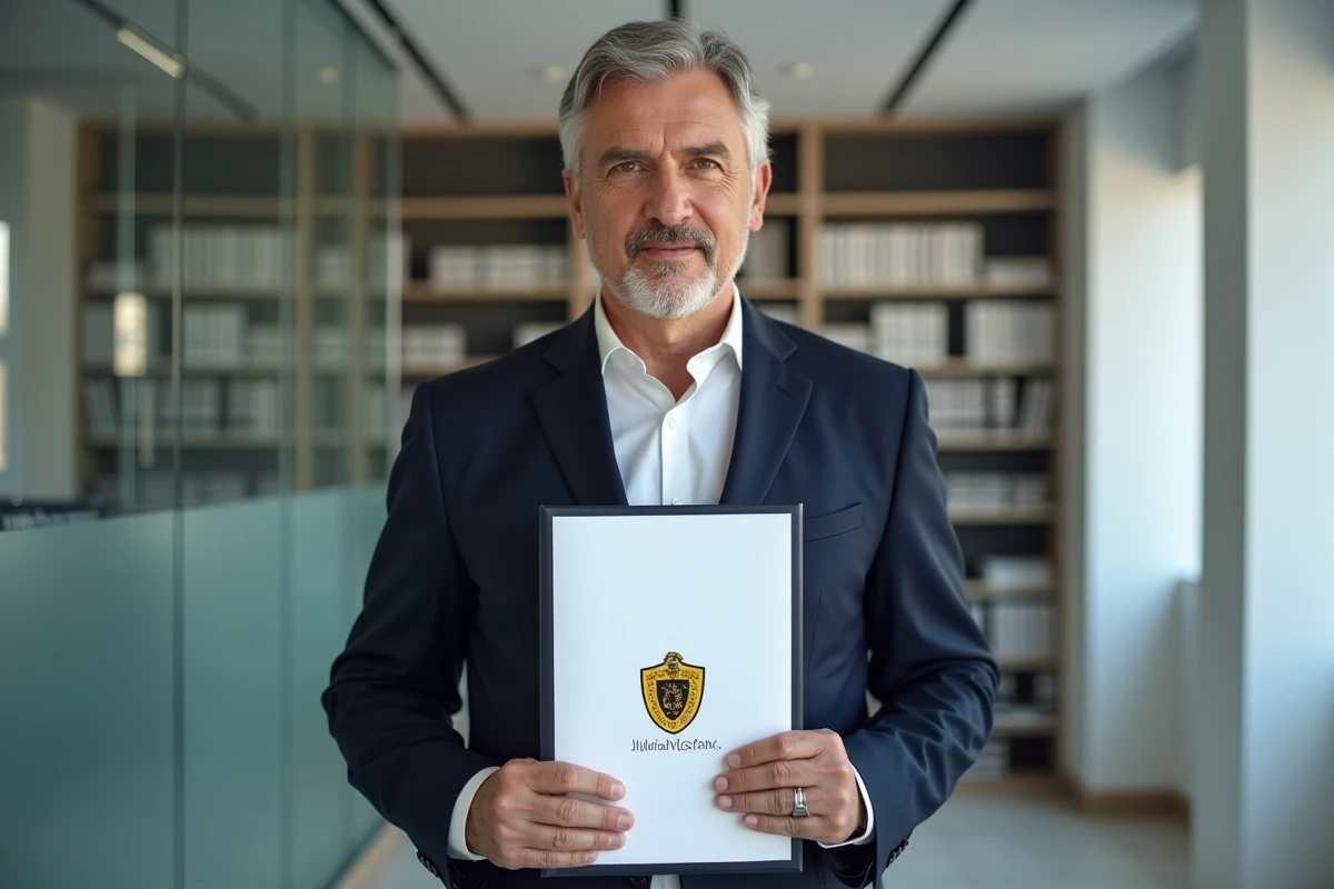 Notaire tenant un dossier avec le logo officiel des notaires de France dans un cabinet moderne