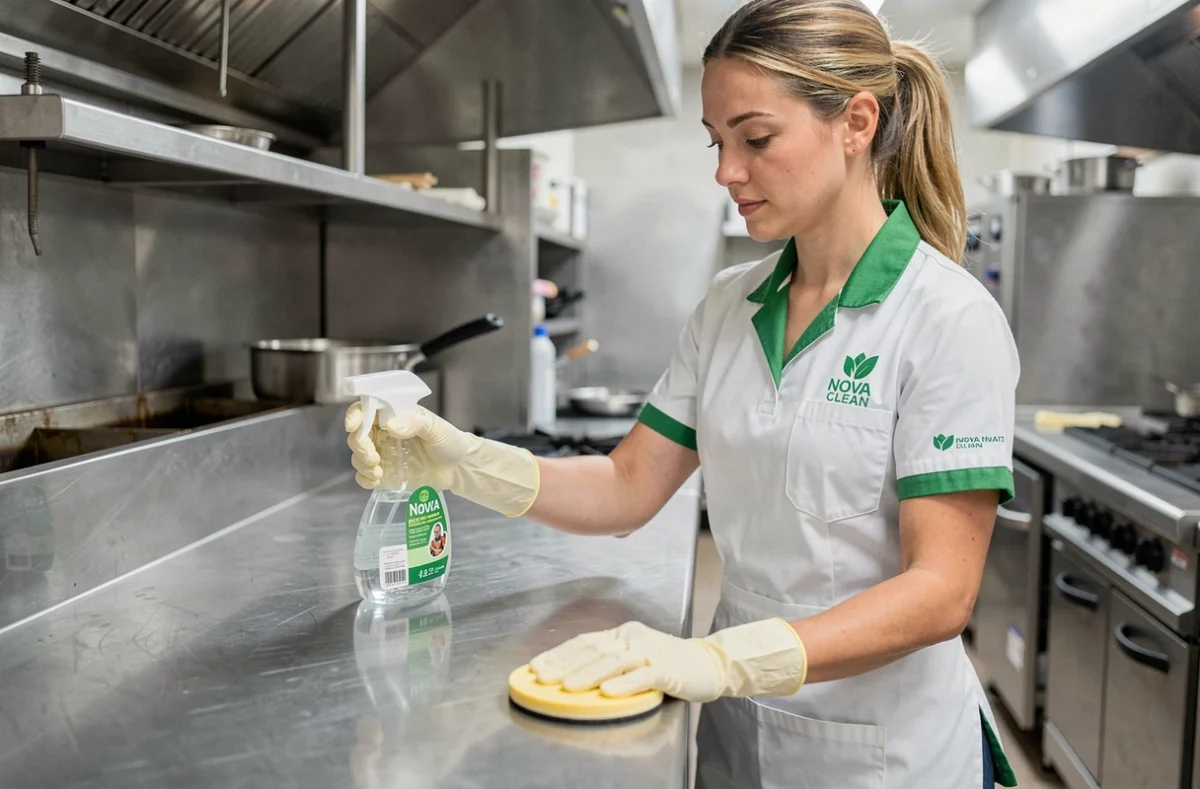 Agente Nova Clean désinfectant des surfaces en inox d'une cuisine professionnelle de restaurant