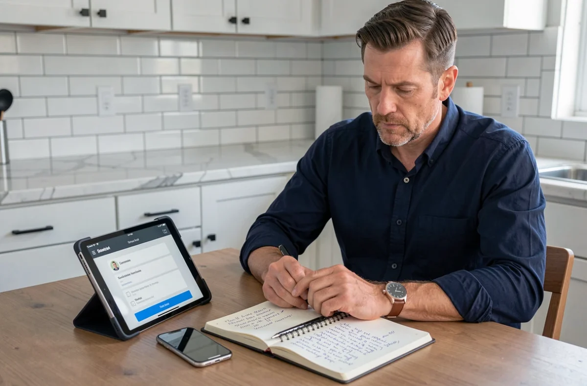 Homme recherchant le numéro de téléphone Backmarket sur une tablette dans une cuisine moderne