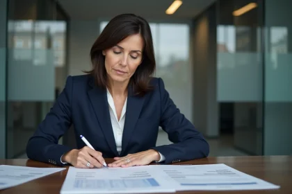 Une professionnelle examine des rapports financiers de transparence dans les bureaux d'une organisation d'intérêt public