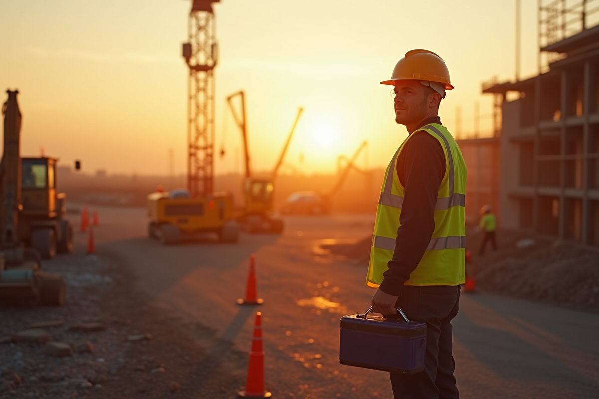 Ouvrier seul au lever du soleil sur un chantier au Canada