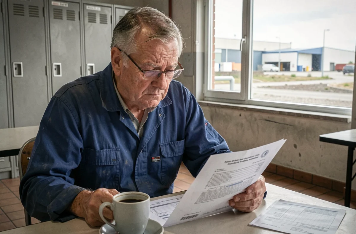 Ouvrier senior en uniforme de travail lisant un formulaire officiel pour la médaille du travail dans une salle de pause d'usine, illustrant les erreurs fréquentes lors de la démarche