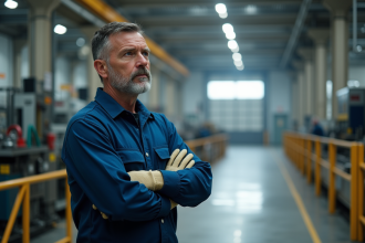Homme d'usine en uniforme dans un atelier industriel