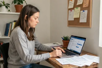 Femme entrepreneur créant sa micro-entreprise sans apport depuis son bureau à domicile
