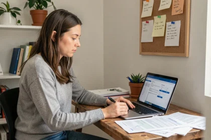 Femme entrepreneur créant sa micro-entreprise sans apport depuis son bureau à domicile