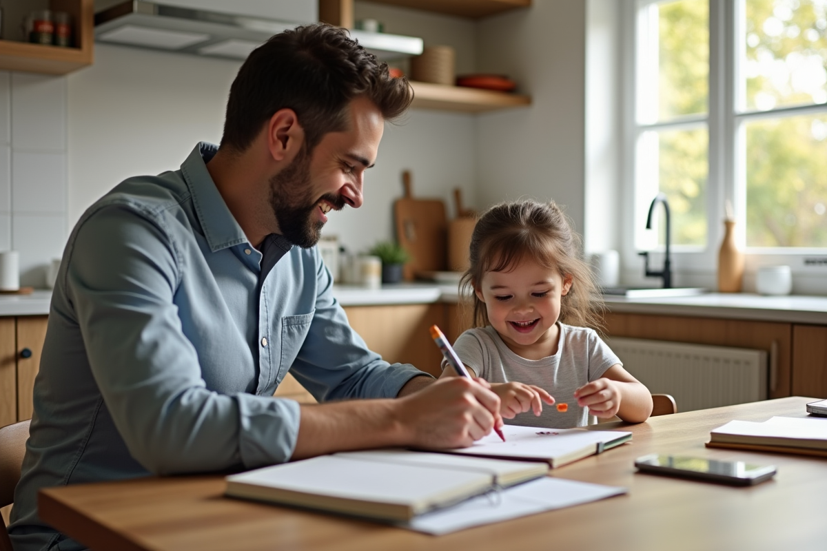 Père souriant avec sa fille qui lui donne un dessin à la cuisine