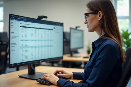 Femme configurant un logiciel de gestion de réservations evantio sur un écran ultrawide dans un bureau moderne
