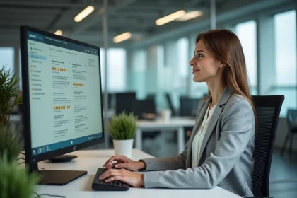 Professionnelle configurant un tableau de bord de gestion des avis clients sur son ordinateur en open-space