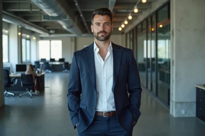 Portrait d'un PDG de startup tech grand et confiant en costume marine dans un bureau moderne aux murs en béton