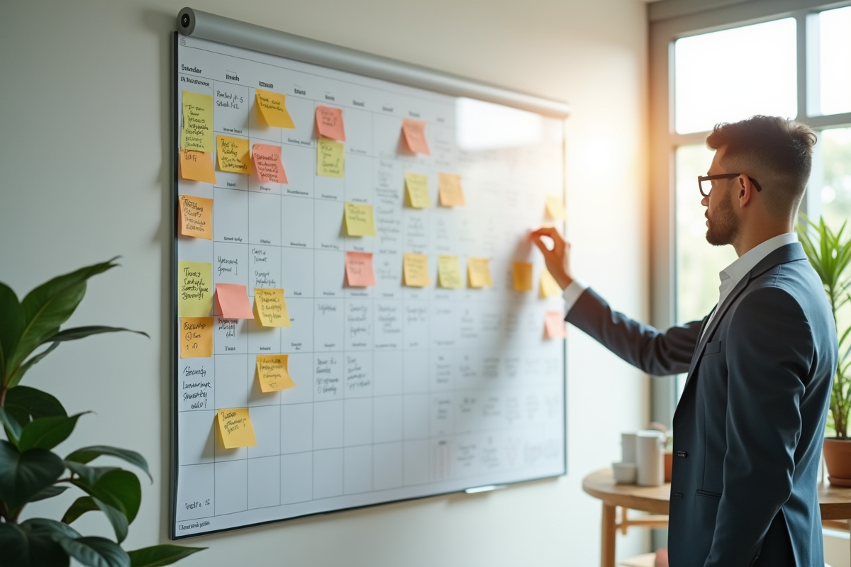 Personne planifiant avec calendrier et notes dans un espace lumineux