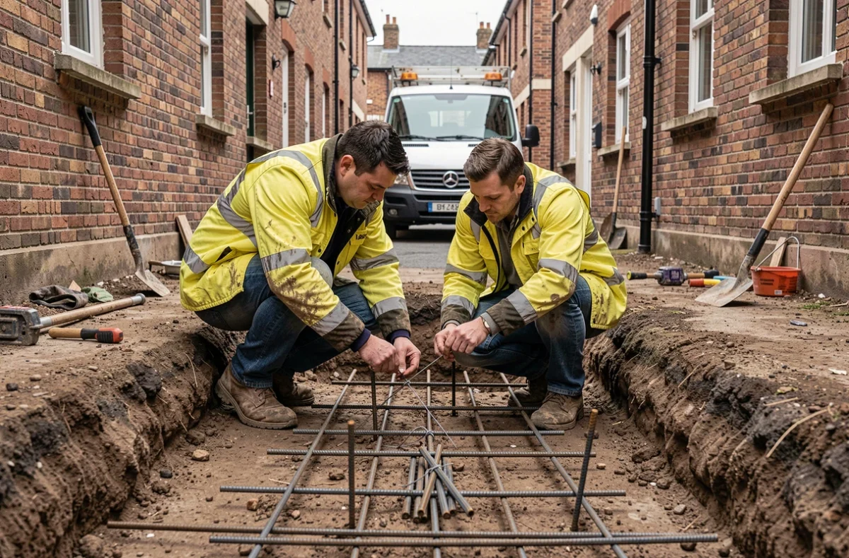 Petit chantier urbain avec pose de ferraillage acheté au détail pour une fondation en béton armé