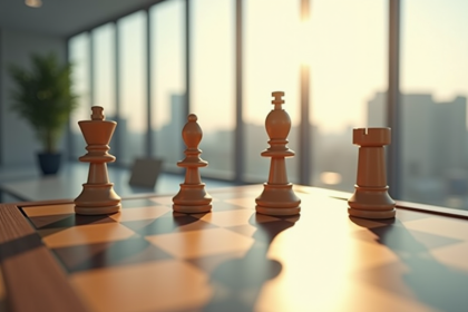 Pièces d'échecs sur un échiquier moderne dans un bureau lumineux