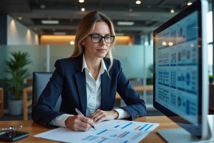 Femme professionnelle utilisant un tableau de bord de planification numérique pour piloter son activité au bureau