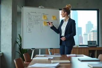Professionnelle en marketing présentant un plan des 4 P sur un tableau blanc dans un bureau moderne