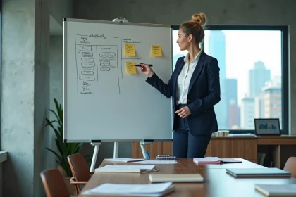 Professionnelle en marketing présentant un plan des 4 P sur un tableau blanc dans un bureau moderne