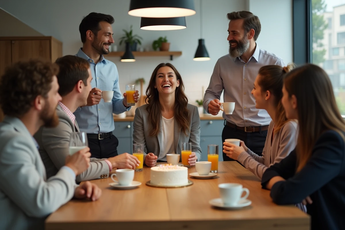 Pot de départ entre collègues dans une salle de pause avec gâteau et boissons