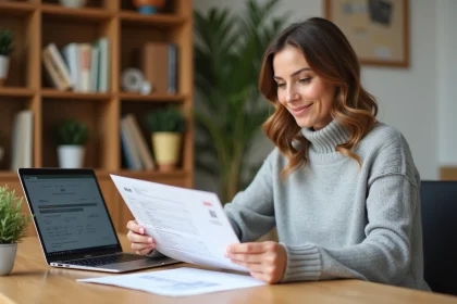 Femme préparant son dossier de livraison UPS avec documents et ordinateur portable sur un bureau à domicile